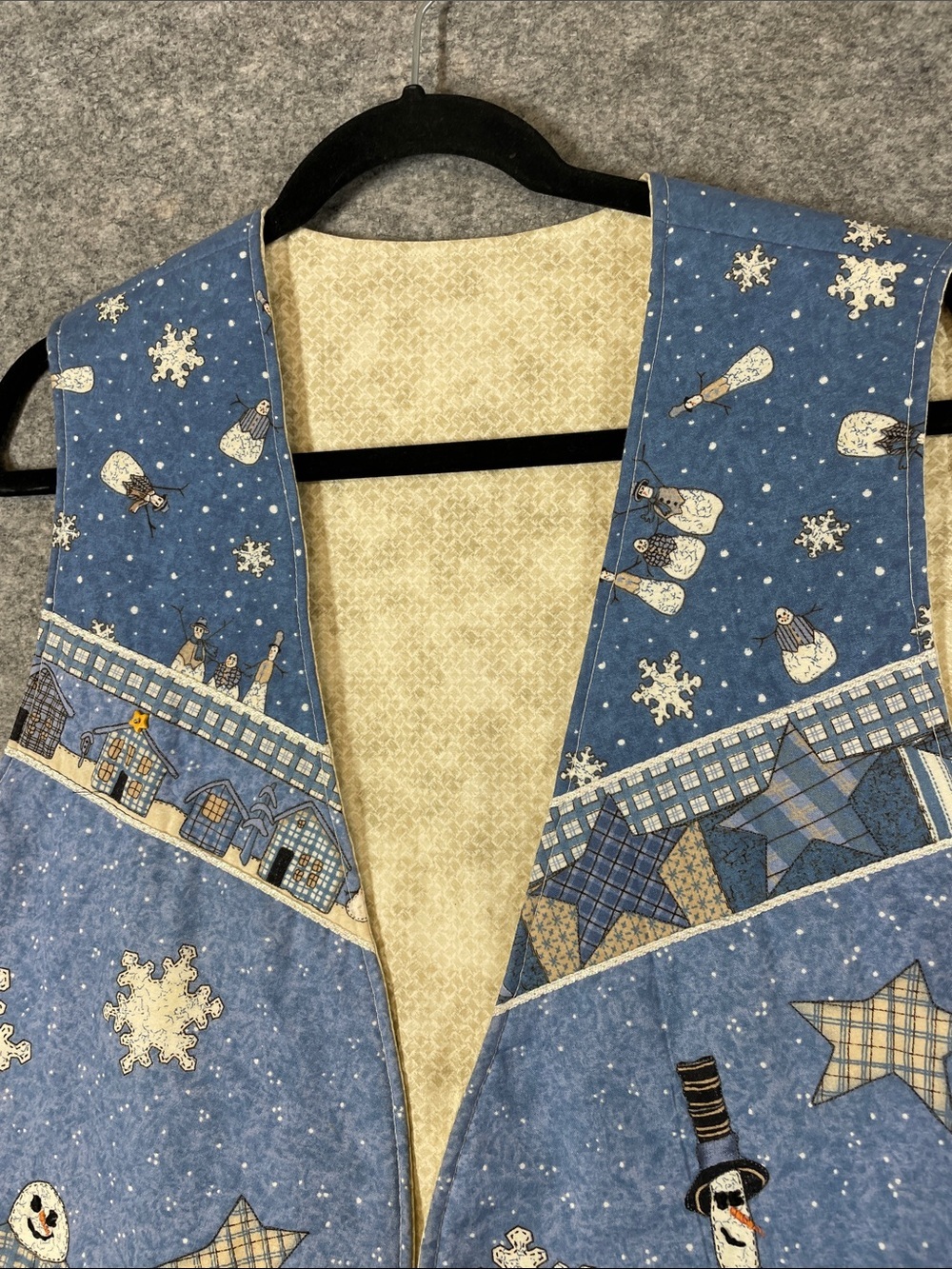 Vintage Winter Snowman Patchwork Vest Blue Cream Christmas Holiday Cottagecore - Picture 3 of 12